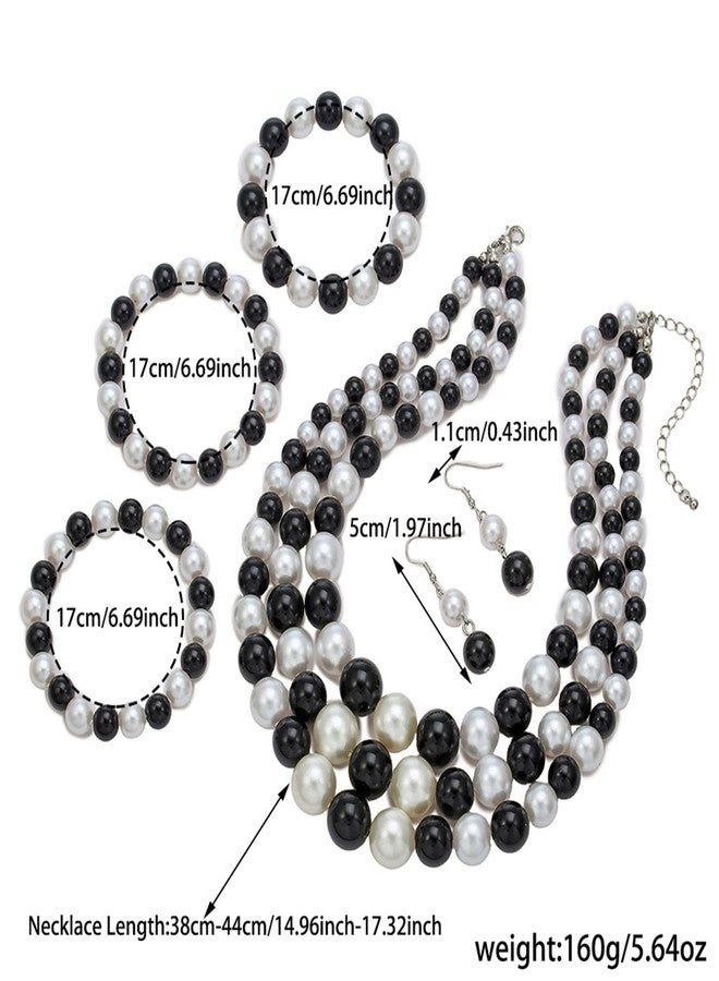 TETING GINING Black White Pearl Beaded Necklace Bracelets Earrings Set for Women Jewelry (Color A) - Image 2